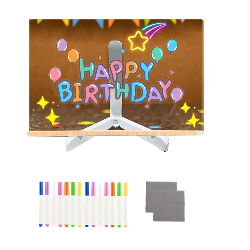 E-fácil de usar-placa de apagamento a seco com luz, placa de nota led de 11,8x7,9 polegadas com cores, placa apagável a seco iluminada com suporte ajustável