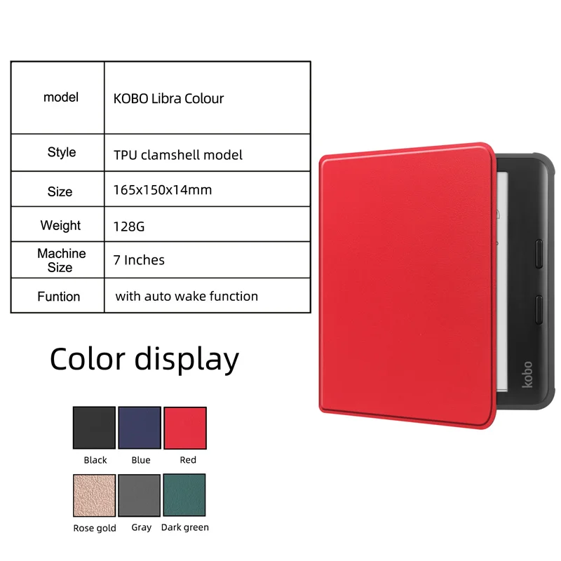 for KOBO Libra Colour 7.0 ich TPU Leather Book Style Shell with Wake/Sleep Function Tablet PC Cover case