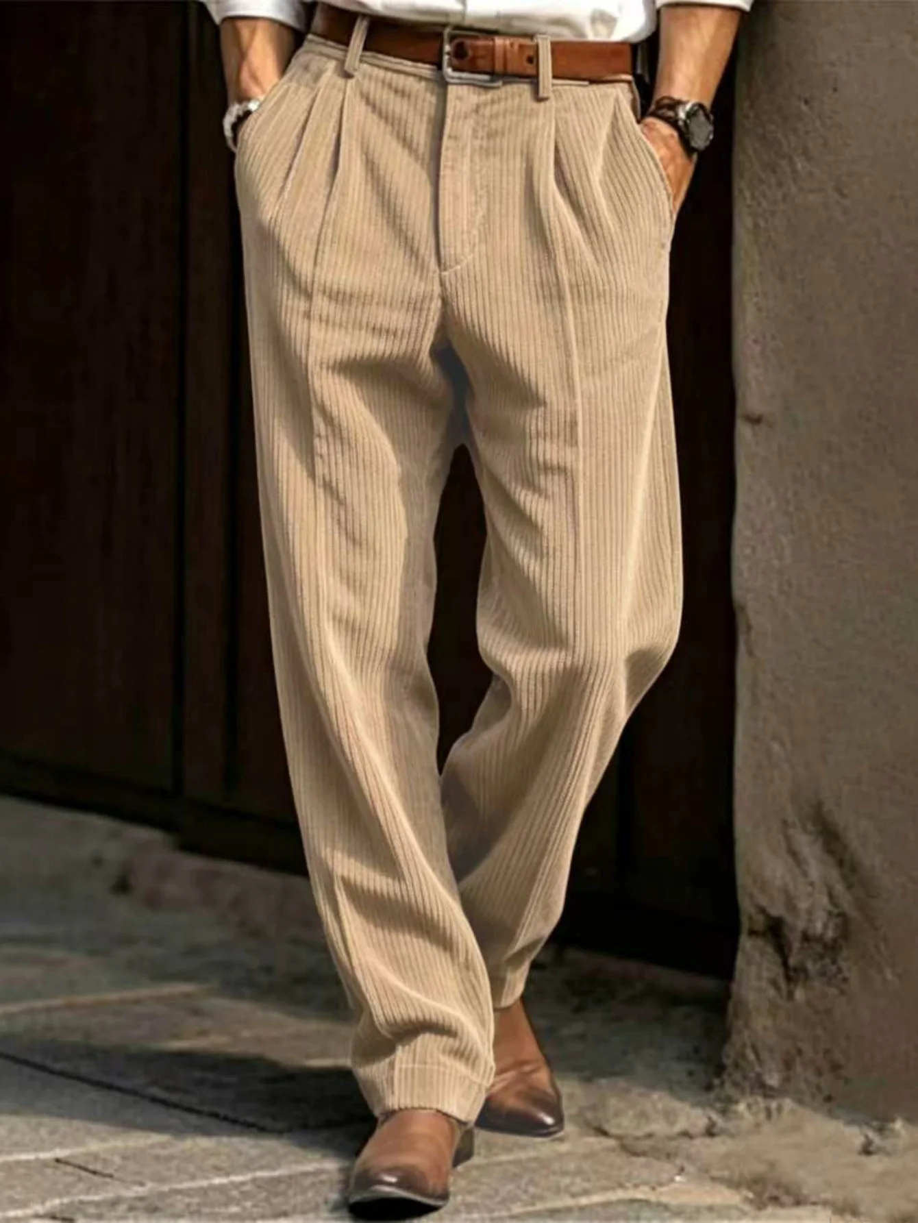 Men's corduroy straight-leg belt pants for business and casual wear, suitable for formal or casual office and leisure occasions.