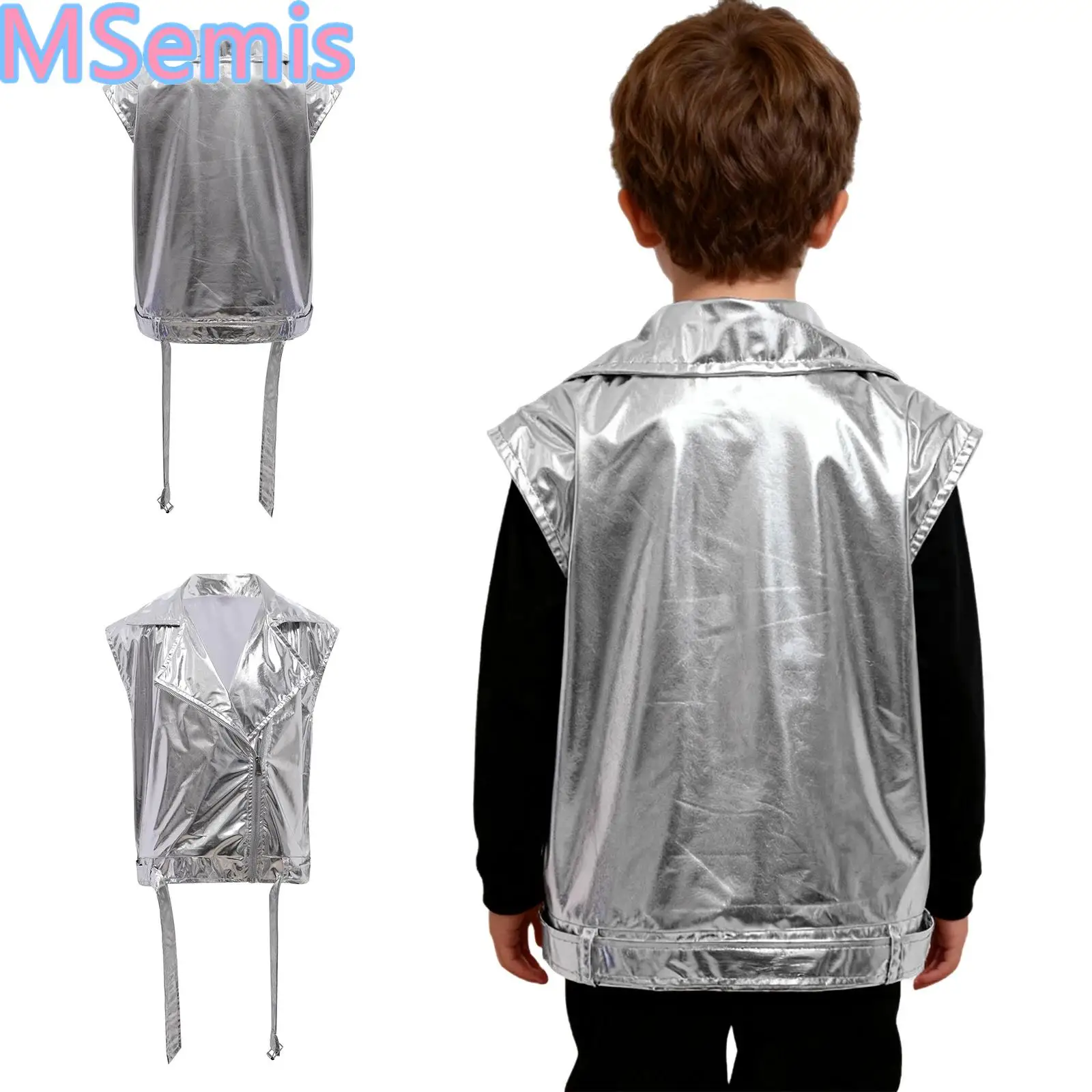 Kids Boys Metallic Vest Waistcoat for Modern Hip Hop Jazz Dance Performance Costume Zipper Sleeveless Belted Jacket Streetwear