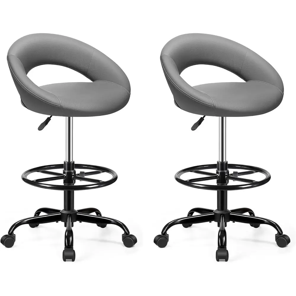 Gray 2-Pack Ergonomic PU Leather Swivel Stool with Adjustable Height and Footrest for Home or Office
