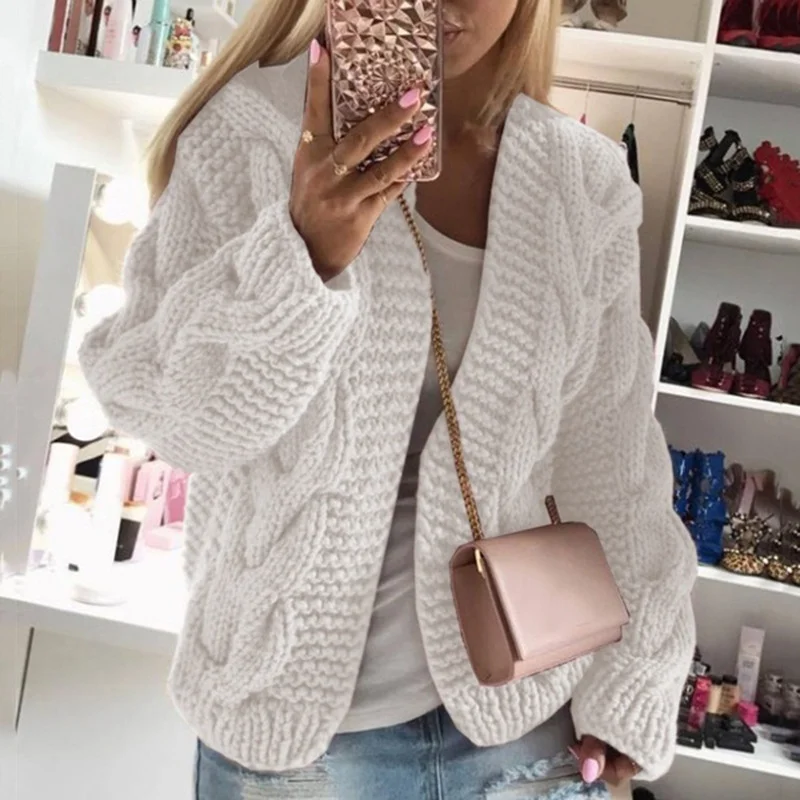 2024 New Women Twist Hat Buttonless Cardigan With Hooded Solid Color Thick Thread Casual Knitted Sweater European  American Type