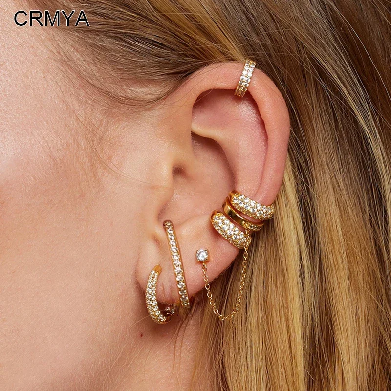 CRMYA Hoop Stud Clip Earrings for Women Classic Piercing Gold-color Cubic Zirconia Women's Earrings Set 2025 Jewelry Wholesale