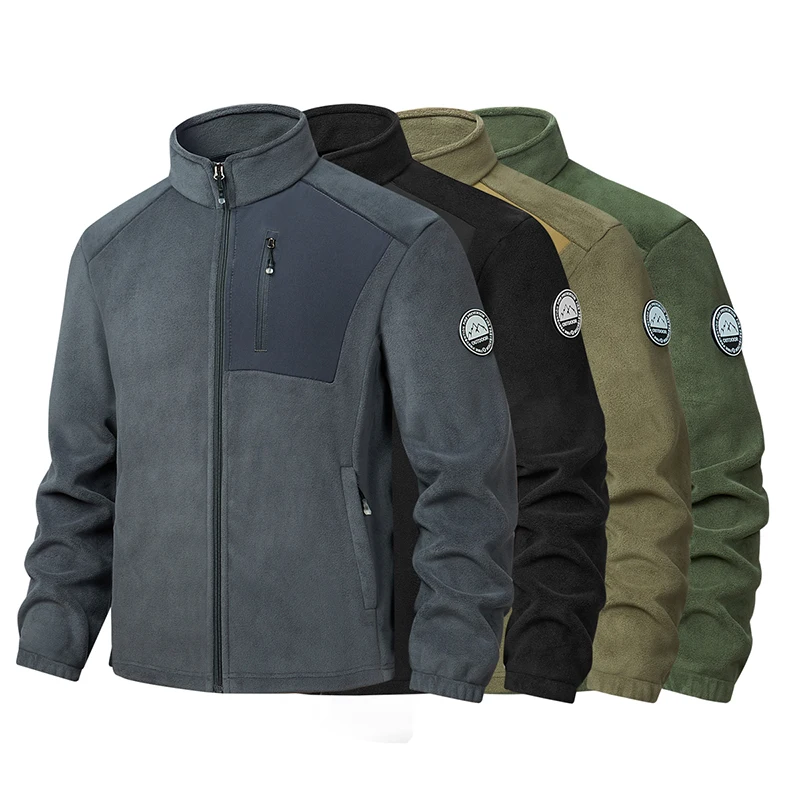 Men Soft Fleece Jacket Stand Collar Full Zip Patchwork Badge Multi Zipper Pockets Warm Outdoor Casual Outerwear