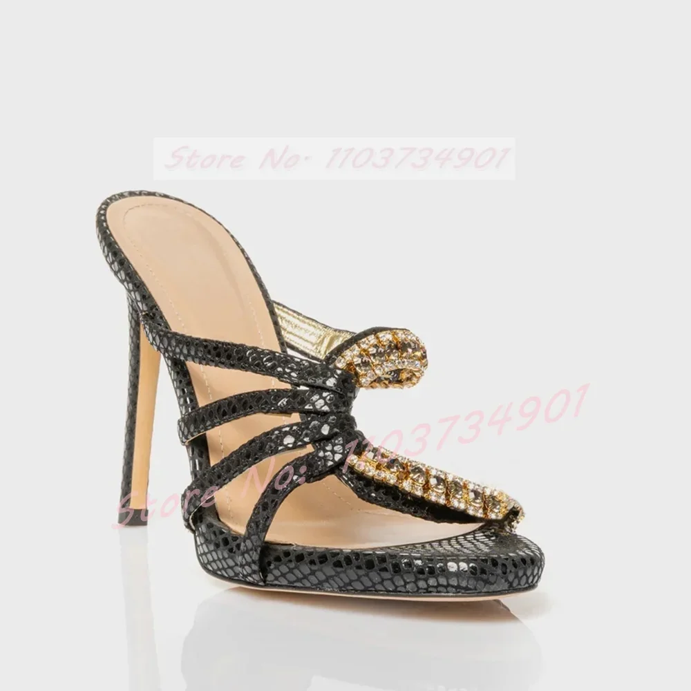 

Snake Pattern Open Toe Slippers Female Sexy Crystals Cross Strap Round Toe Stiletto High Heels Shoes Ladies Party Outside Mules