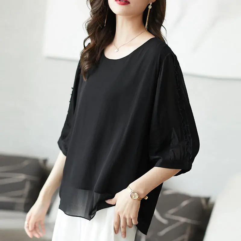 

Summer Casual O-Neck Blouse Stylish Solid Color Female Half Sleeve Loose Split Korean Edible Tree Fungus Spliced Commute Shirt