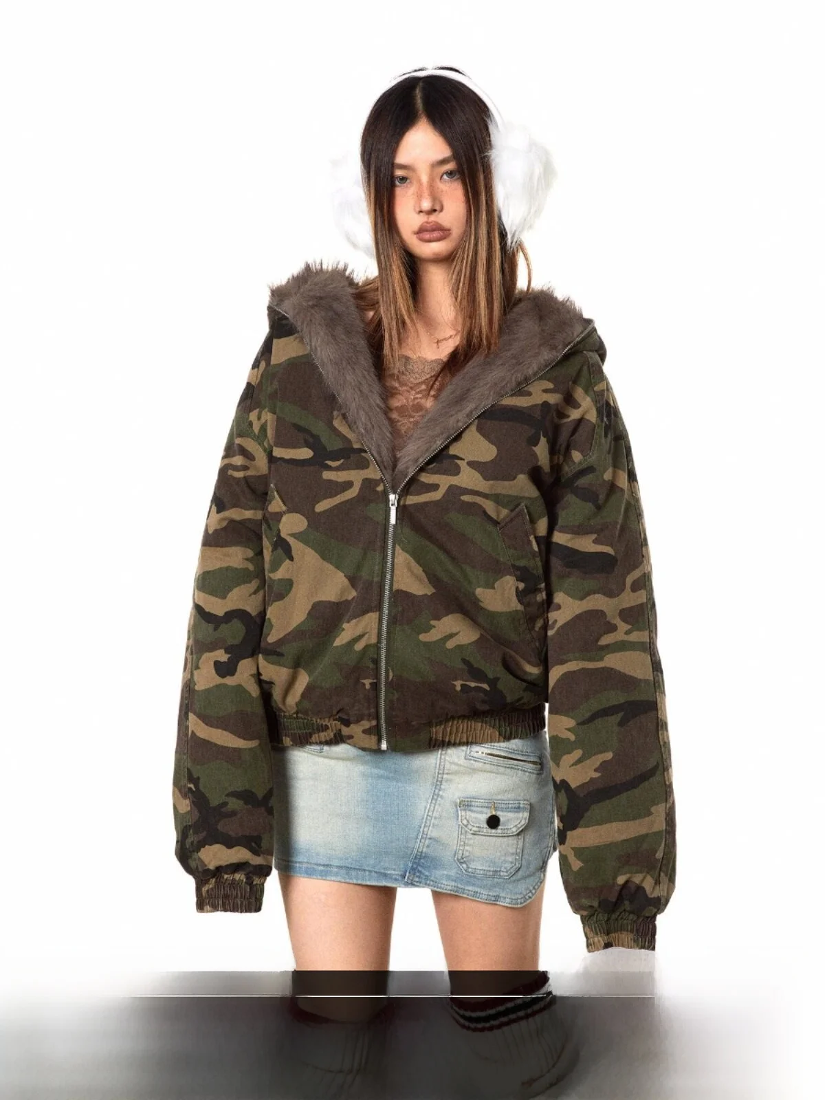 Blackbb American Retro Mountain Eagle Fur Collar Camouflage Cotton Jacket Short Trendy Winter Women's Coat Street Style Thick...