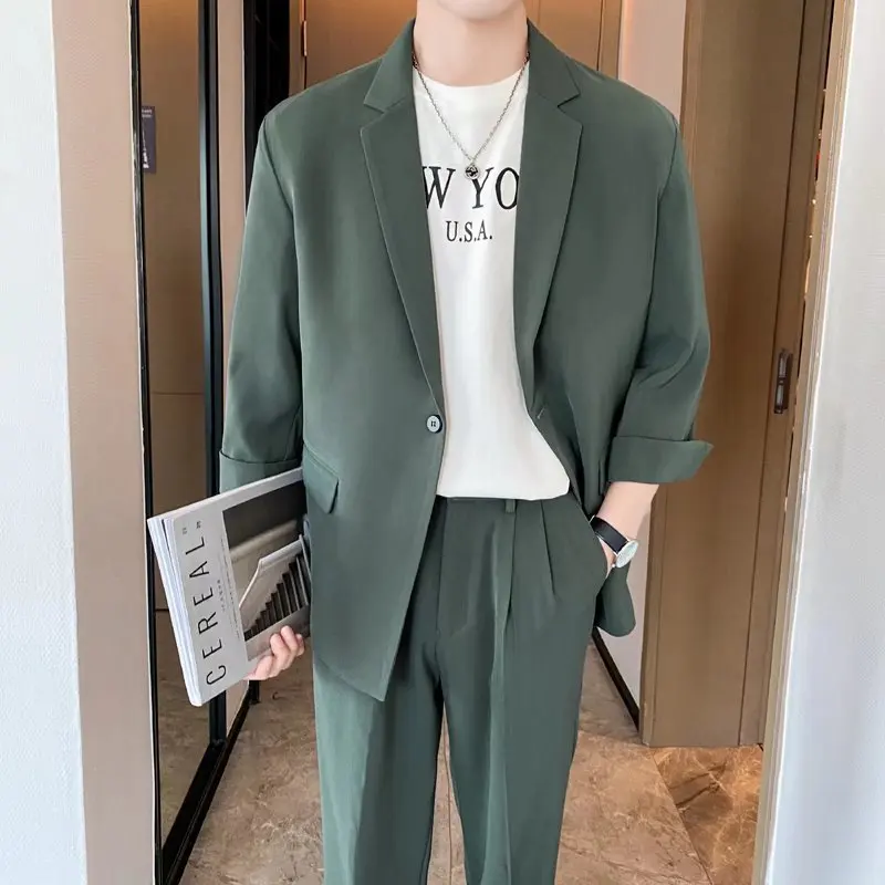 

New Summer Men's Casual Loose Fit Thin mid Sve Korean Sle Suit Set Faionable Trendy Lapel Single Button Closure