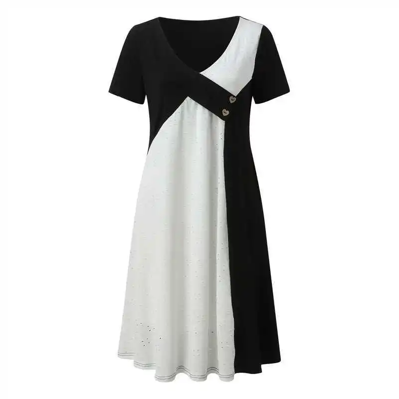 

Female A-Line Skirt 2026 New Fashion for Women's Dress Spliced Cross Collar Decorative Buckle Short Sleeve Personalized Dresses