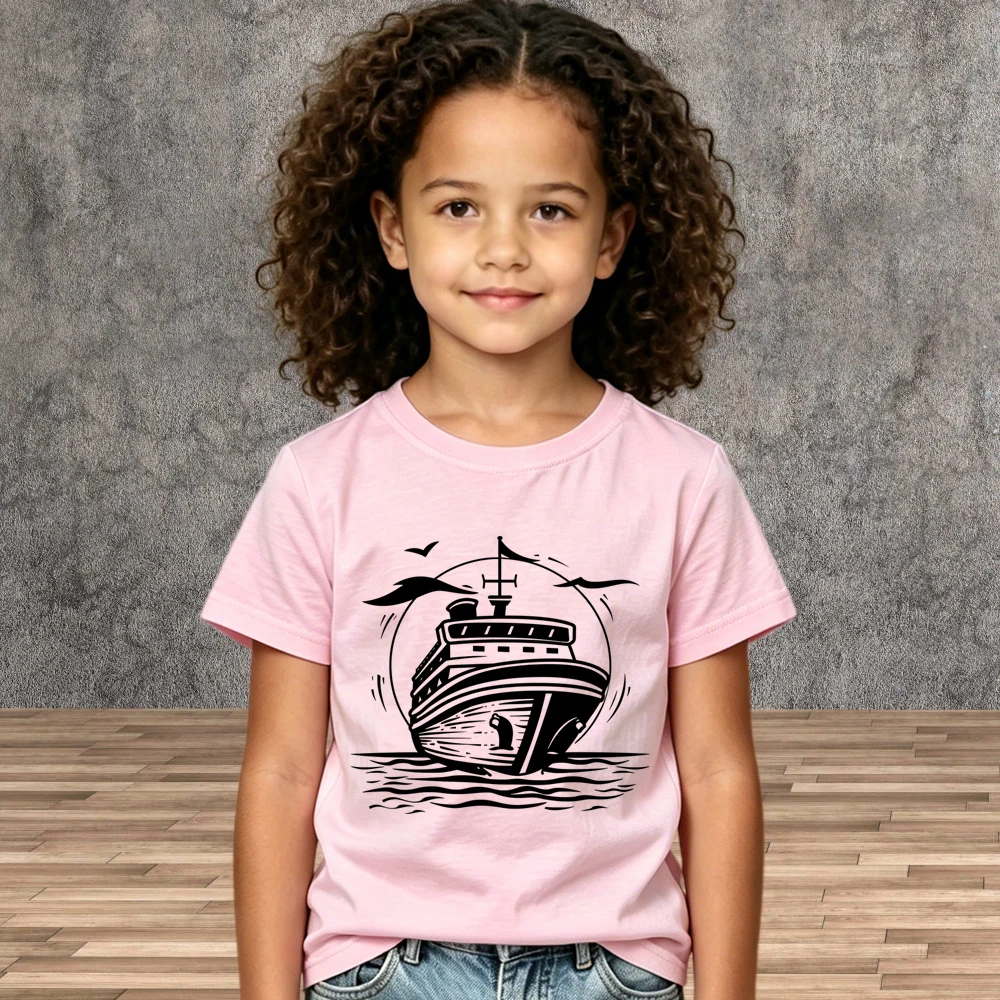 Kids Cruise Ship Print Cotton Tops Children Crew Neck Soft Short Sleeve Tees Shirt Summer Boys Girls T-shirt