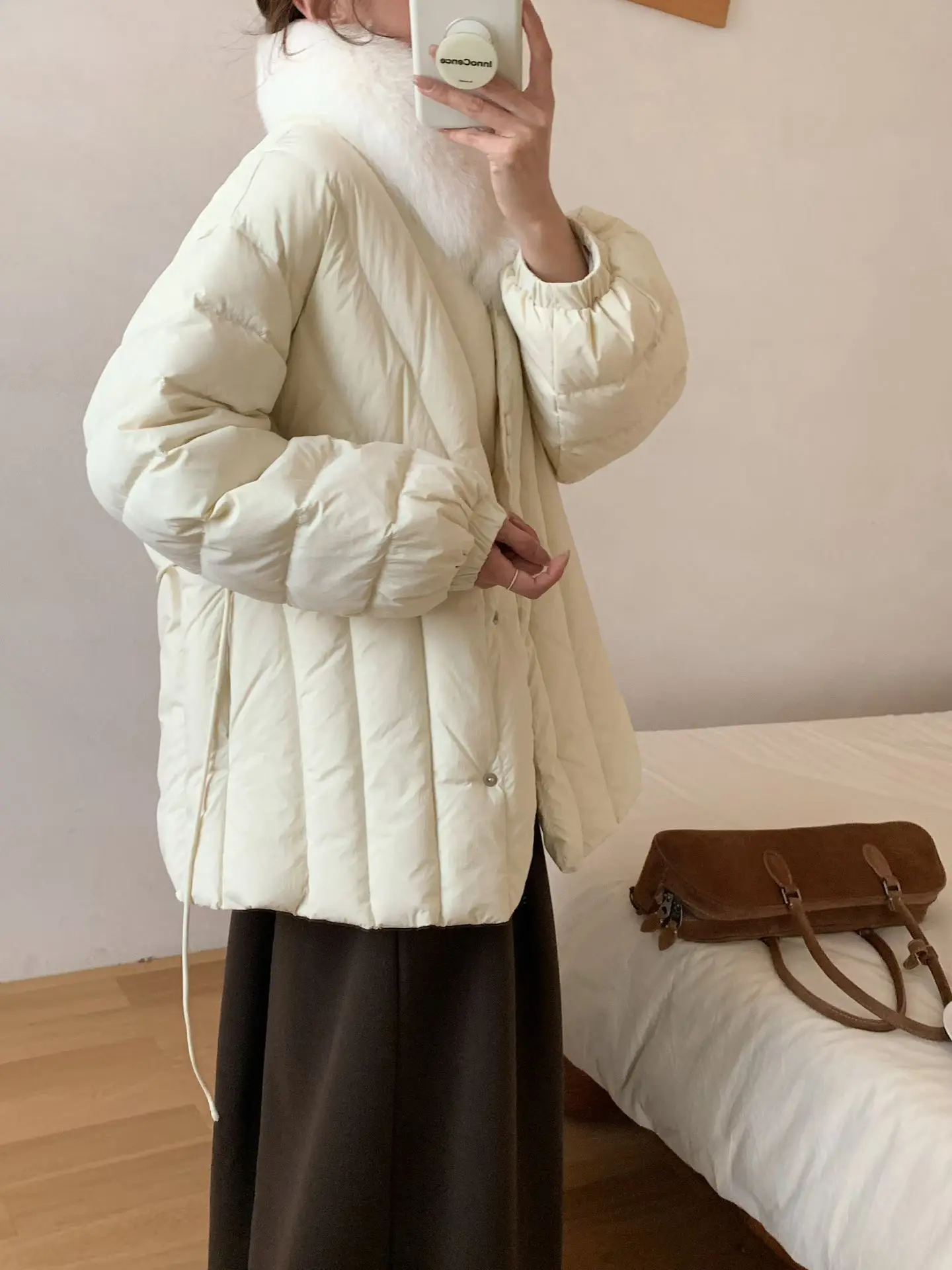 Real Fox Fur Snow Parka Medium-length Down Jacket for Women Winter Fashion Sweet and Thickened Waist-cinching Slim-fit Coat