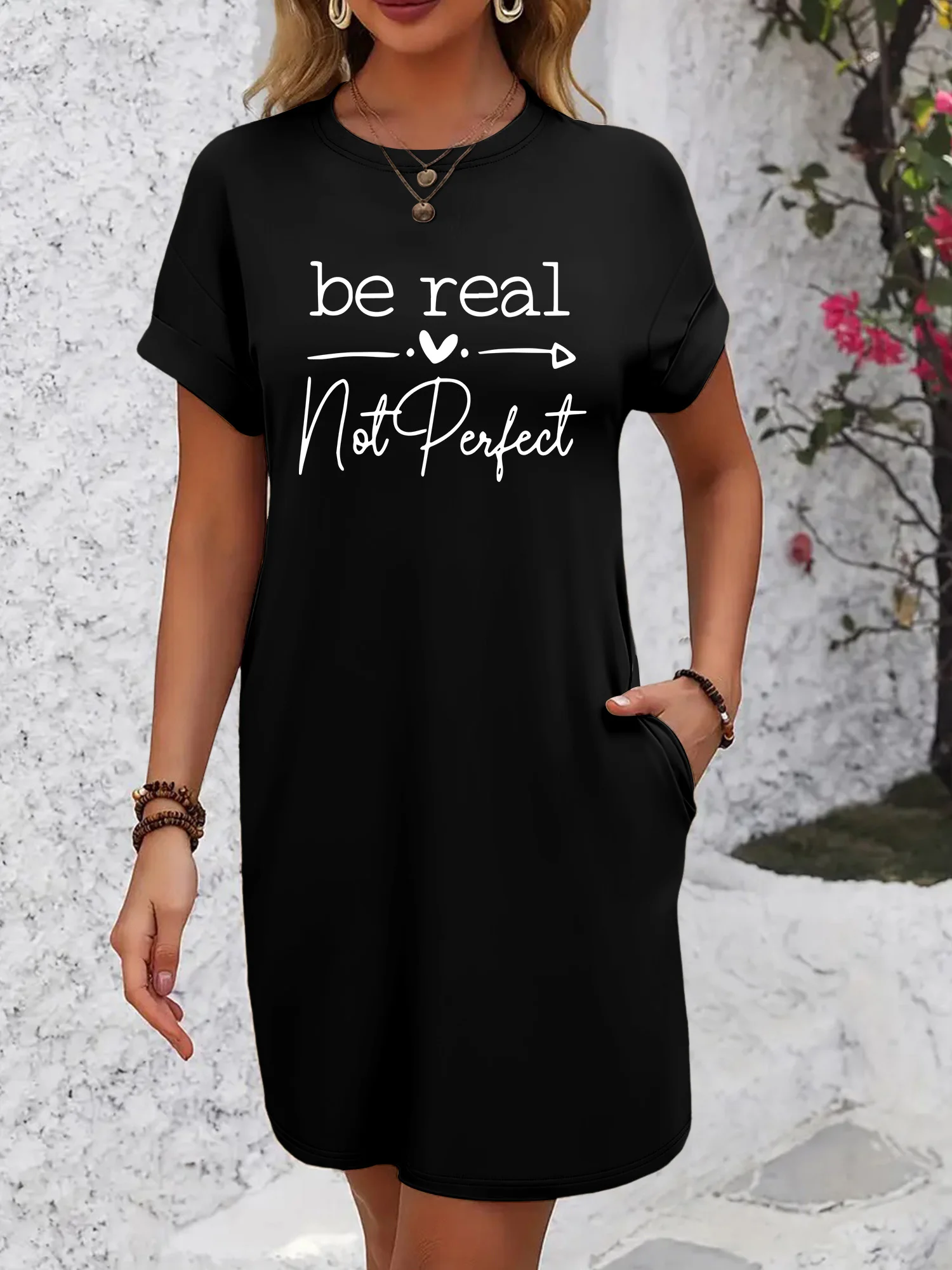 

Women's Casual T-Shirt Dress, "Be Real Not Perfect" Letter Print, Loose Short Sleeve Crew Neck Mini Dress with Pockets