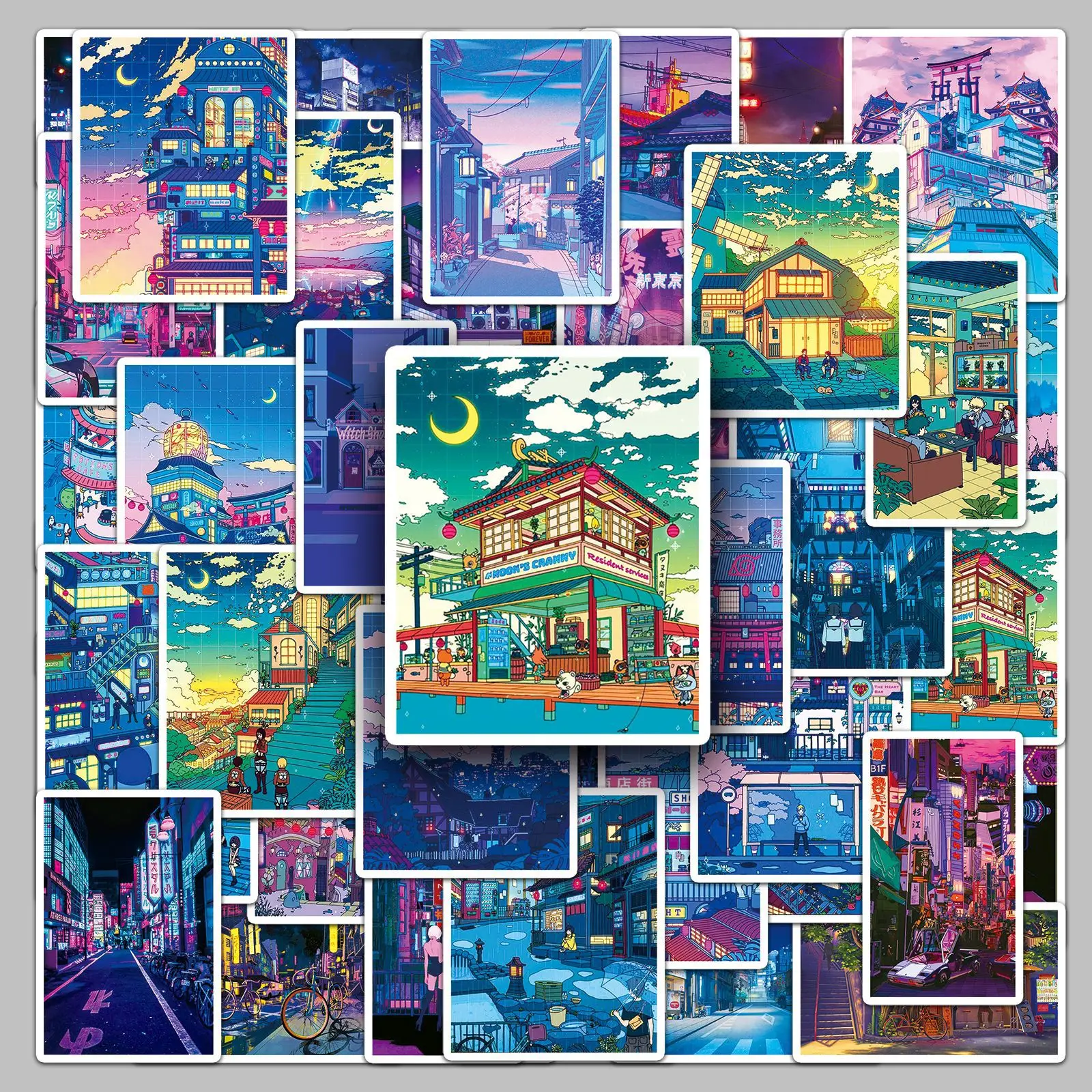 50Pcs Japanese Anime Night Scene Decoration Luggage, Guitar, Notebook Waterproof Sticker