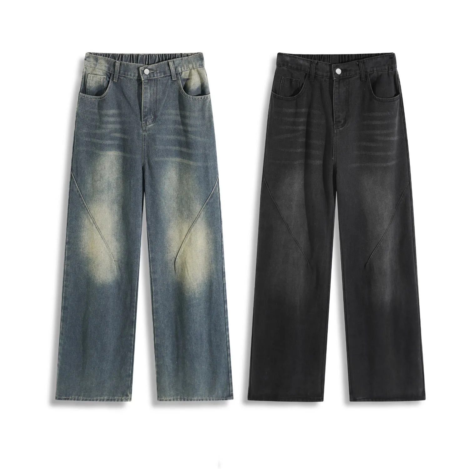 Men's Washed Straight Leg Jeans Autumn Casual Fashion Retro Street Style Patchwork Design Loose Distressed Denim Pants