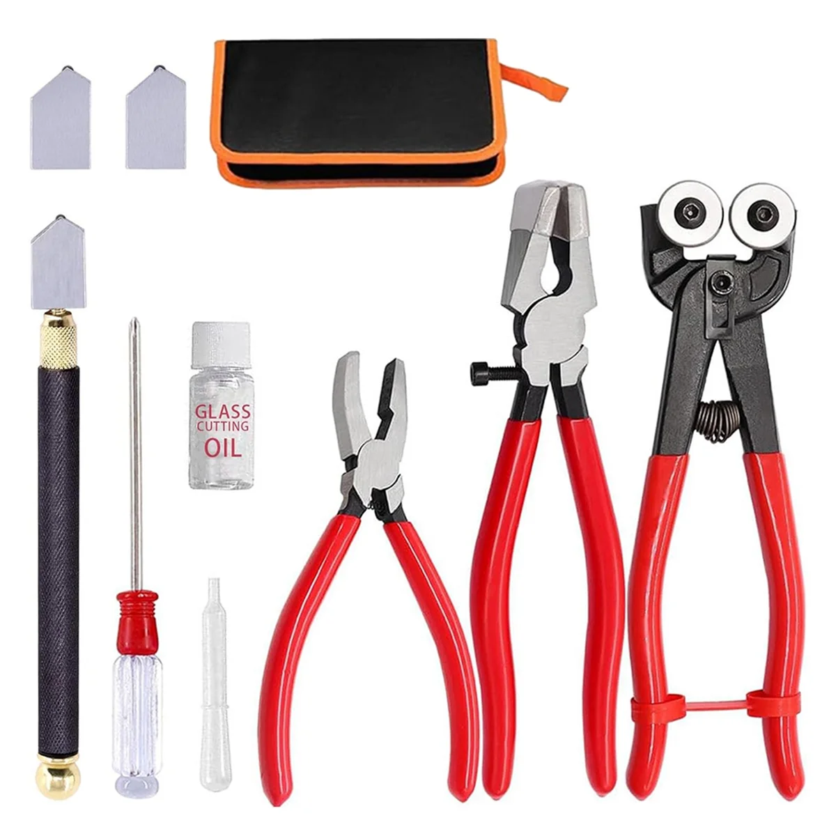 

A002 Glass Cutting Tool Set Kit, Wheeled Glass Tile Nippers Glass Running Pliers Breaking Pliers Oil Feed Glass Cutter Set