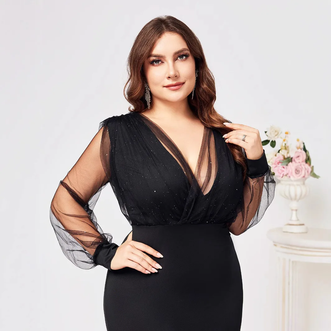 Elegancka syrenka formalna suknia wieczorowa dekolt w serek długie rękawy tiulowe cekiny asymetryczny brzeg suknia dla gościa weselnego 2025 za darmo dostosowane