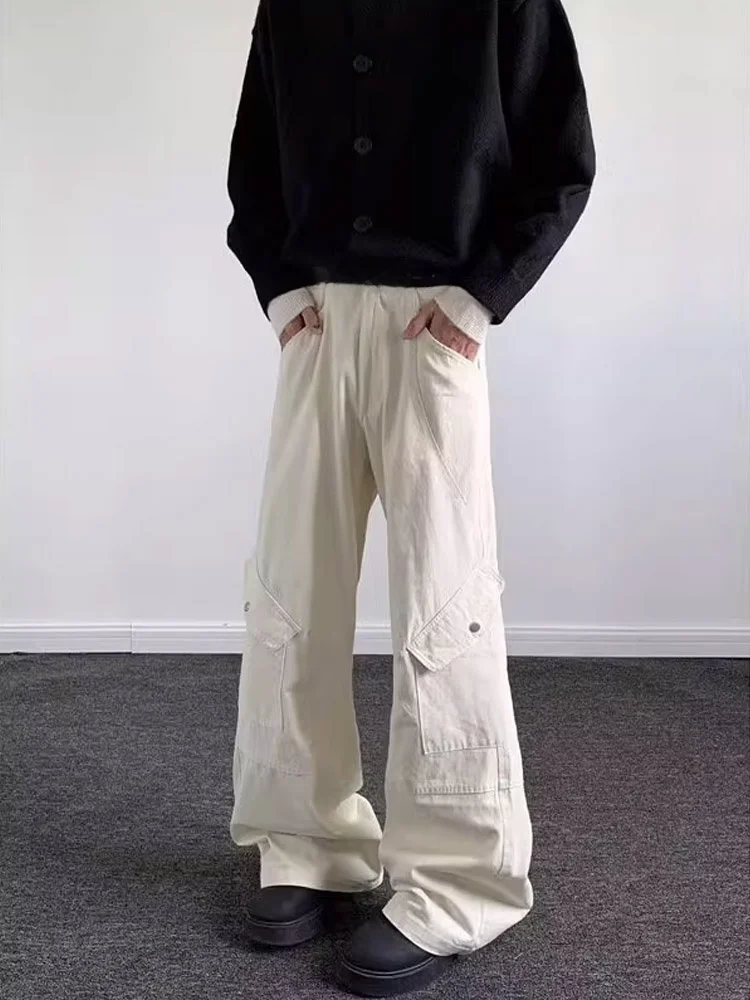 

American Retro Patchwork Slant ket Work Trousers Men's Autumn Cleanfit Loose Drapey Paratrooper Long Trousers Jeans