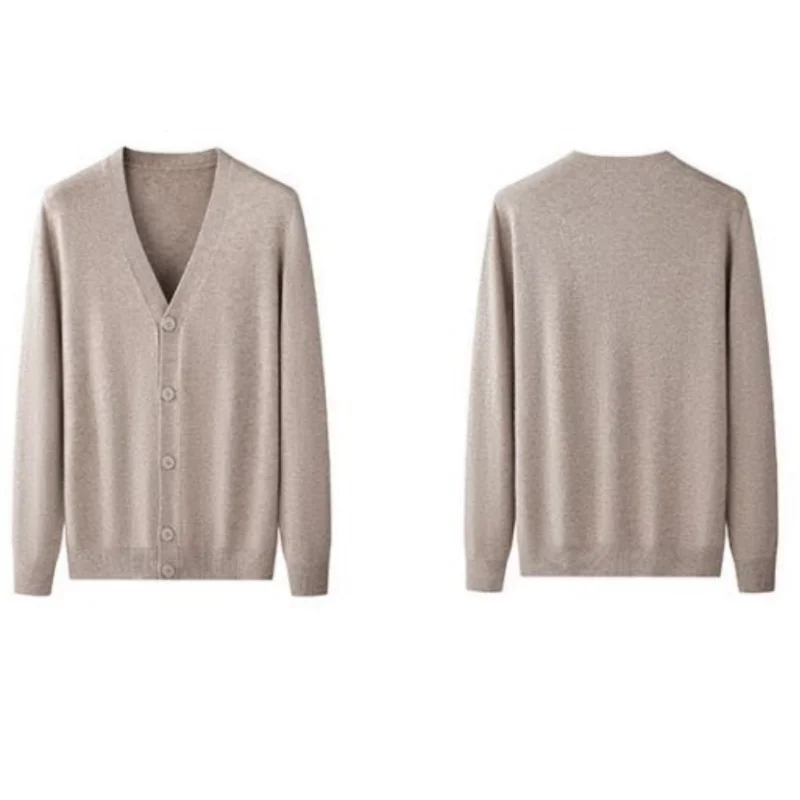 High End 100% Wool Men's Knitted Sweater Spring  Autumn Casual Solid V-neck Cardigan High-quality Machine washable Men's Jacket