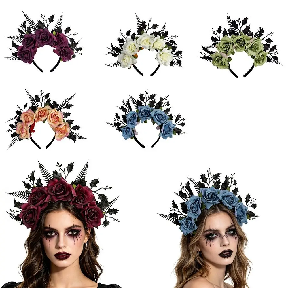 Unique Elegant Style Halloween Rose Headband Simulated Leaf Flower Artificial Flower Headband Vintage Crown Hair Hoop Women