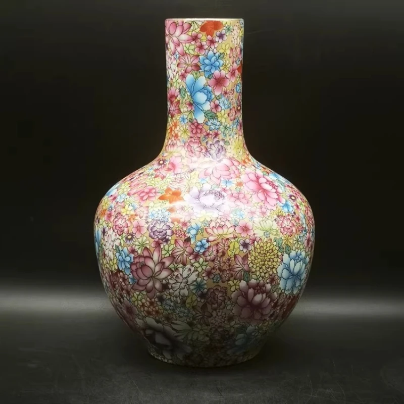 Yongzheng annual pastel million flower celestial ball bottle home furnishing living room Chinese Bogu frame vase ornament antiqu