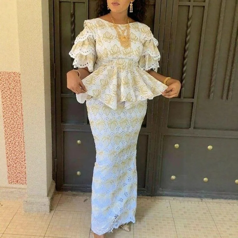 

Ele белая длинная юбка большого размера с вышивкой, топ с завязкой на талии, комплект рабочей одежды для женщин, кружевной комплект с цветочным принтом