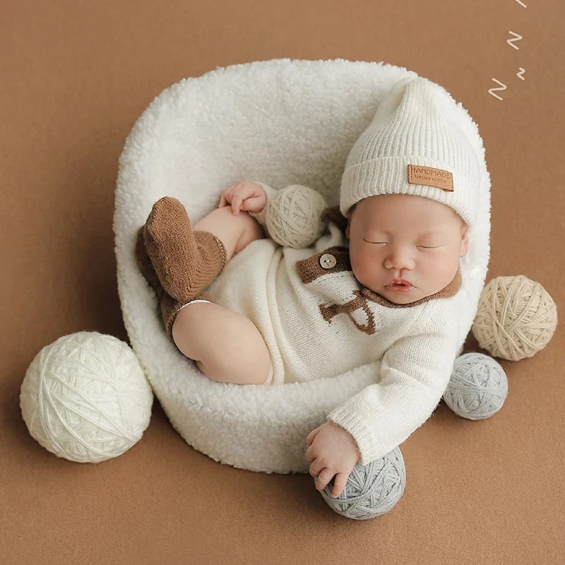 Pasgeboren Fotografie Rekwisieten Baby Gebreide Zachte Jumpsuit Pak Baby Foto Poseren Rekwisieten Volle Maan Baby Studio Schieten Foto Rekwisieten