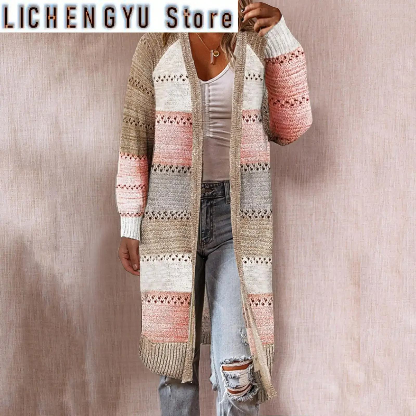 Long Cardigans For Women Lightweight Boho Open Front Cardigan Colorblock Long Sleeve Knit Lightweight Sweaters Winter Woman