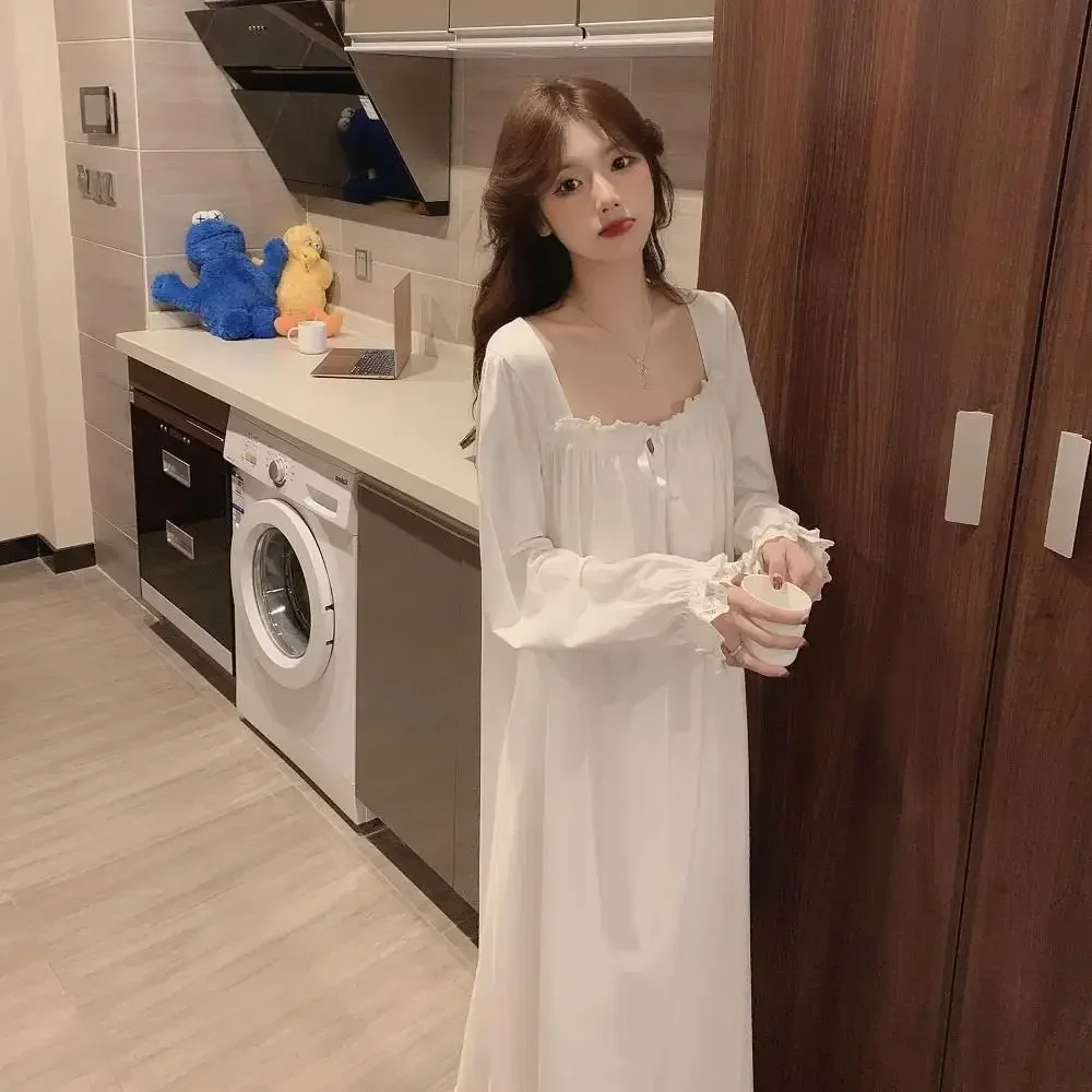 Sexy White Sleepwear Night Dress Women Korean Style Ruffles Pajamas Long Sleeve Solid Nightie Loose Nightgown for Sleep Ladies