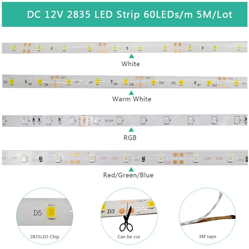 5M Led Strip Licht 60Leds/M Smd 2835 Warm Wit/Koud Wit/Rood/Blauw/Groen/Geel Flexibele Rgb Led Verlichting Dc 12V Lamp Diode Tape