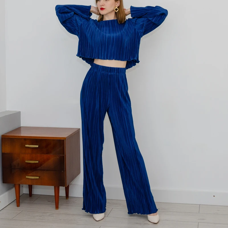 Home Suit Women Long Sleeve T Shirts Two Piece Sets Bodycon Blue Pleated Pants Set Streetwear Elegant Wide Trouser Suits 2023