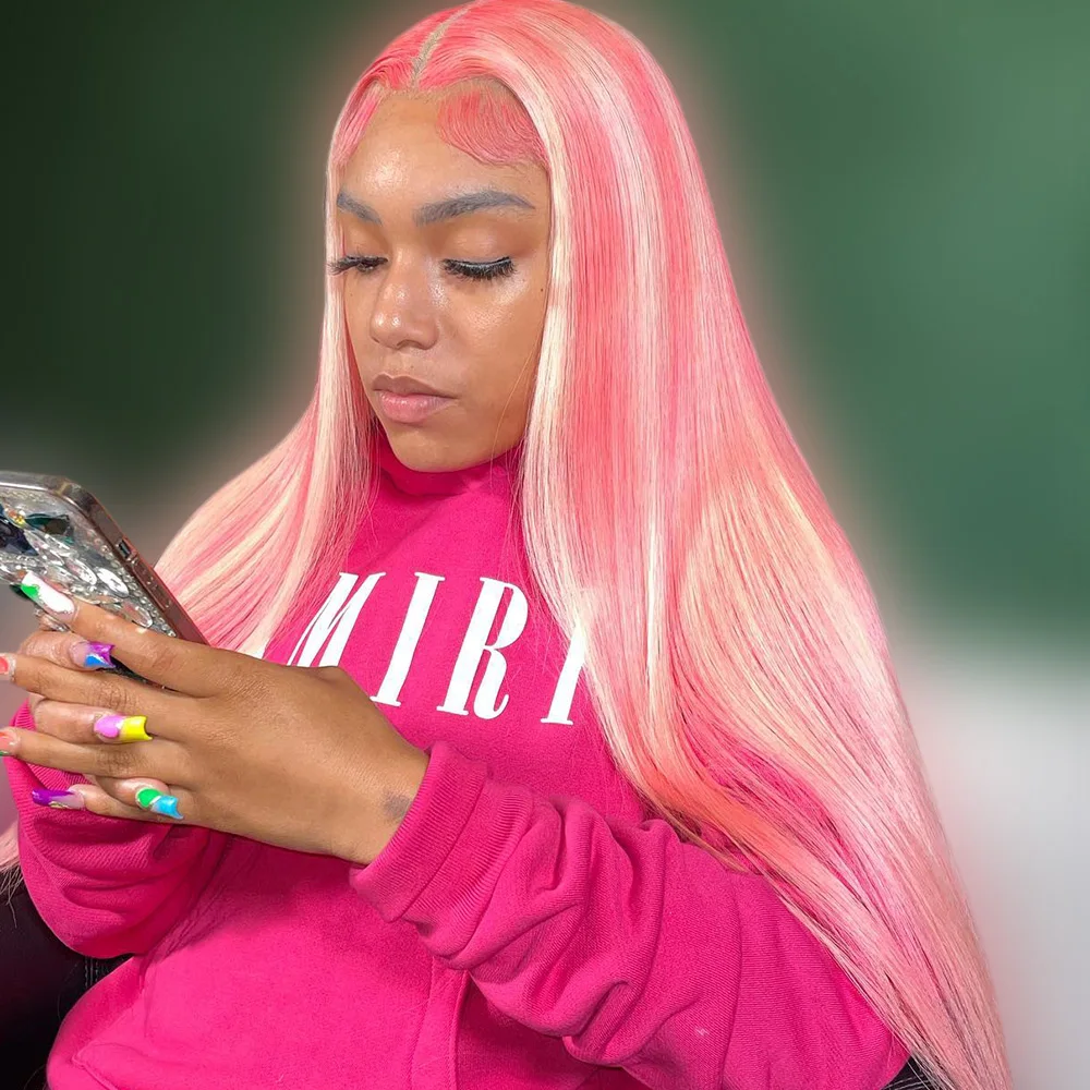 

13x6 Выделенные Цветные Парики Человеческих Волос Розовый/Блондин Парик Фронта Шнурка 100% Прямой Парик Человеческих Волос Для Женщин Предварительно Сорванные 30 Дюймов