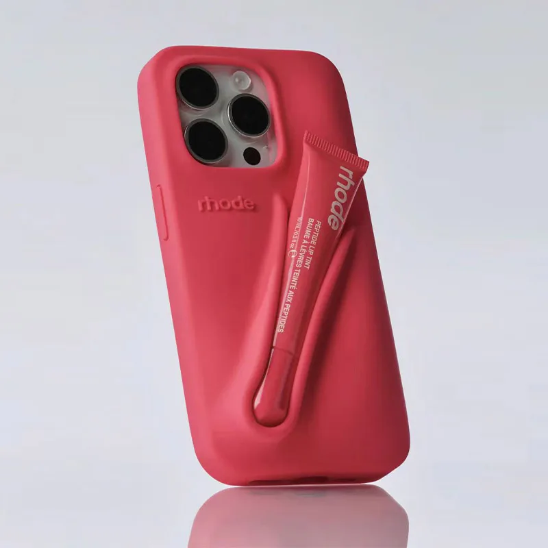 Capa de telefone de brilho labial de silicone, suporte traseiro para iPhone, esmalte labial popular, estojo adesivo, batom rosa e cinza