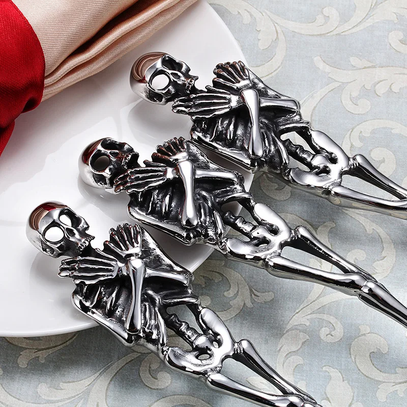 Punk Gothic Stainless Steel Skeloton Skull Spoon knife and Fork Cutlery For Men Jewelry Never Fade Drop Shipping