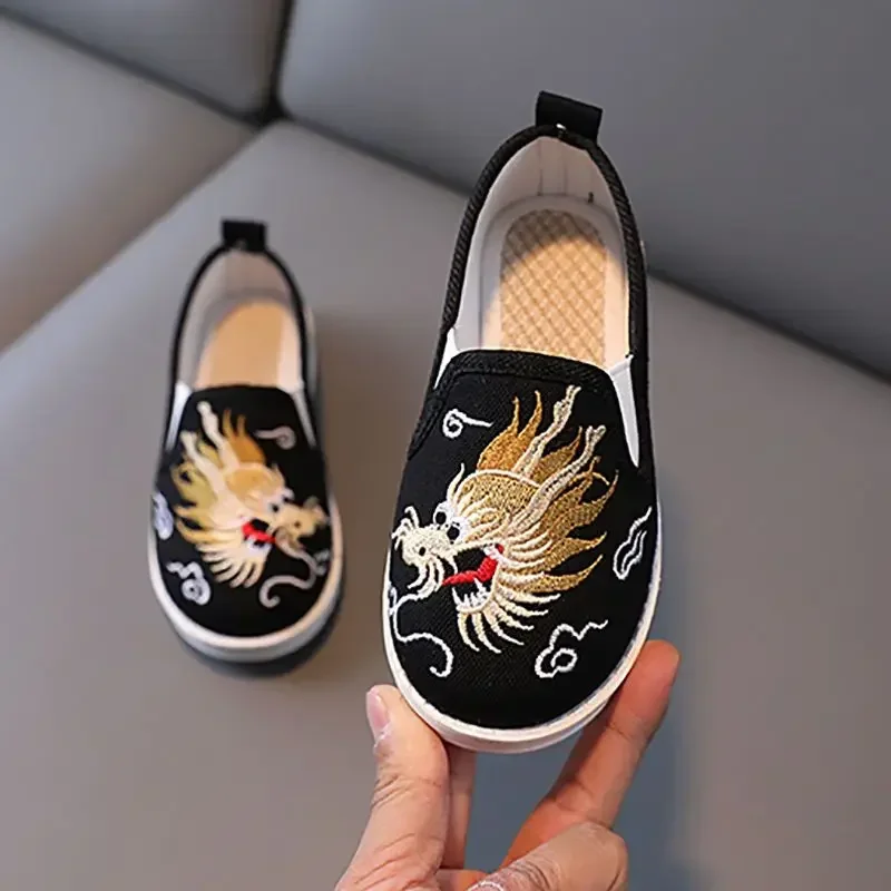 Sapatos de algodão bordados de dragão da moda para crianças meninos artes marciais chinesas kung fu tai chi kleding sapatos de desempenho