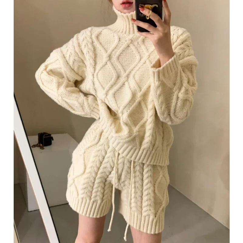 REALEFT Autumn Winter 2 Pieces Women\'s Sweater Outfits Long Sleeve Turtleneck Sweater and Knit Shorts Pants Female Suits