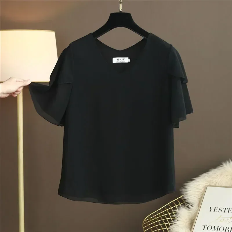 Nowa marka modowa damska bluzka letnia Plus Size rozkloszowany rękaw luźna z szyfonu koszula z krótkim rękawem w serek casualowe topy damskie