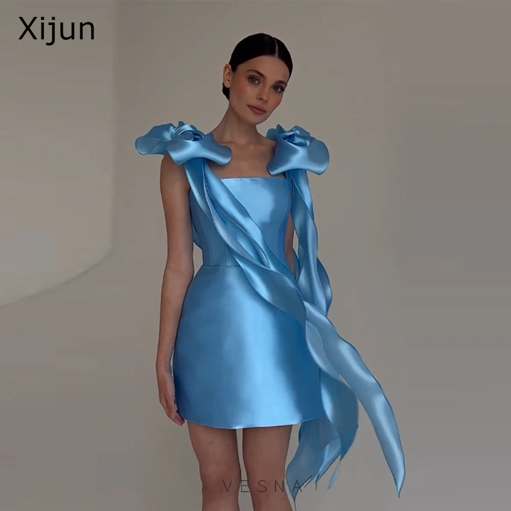 

Xijun Modern Blue Short Evening Dresses Bow Straps Silk Formal Prom Dresses Ribbons Sleeveless Mini Party Gowns 2025 Customized