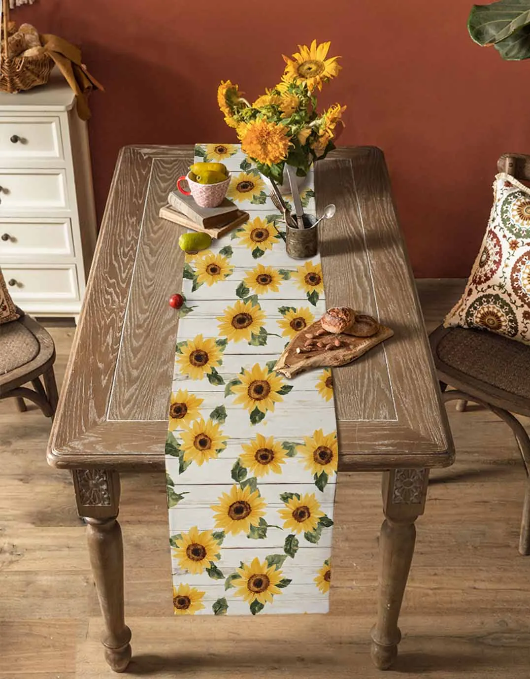 

Vintage Summer Wood Sunflower Table Runner Wedding Decor Holiday Dining Table Decor Linen Tablecloth