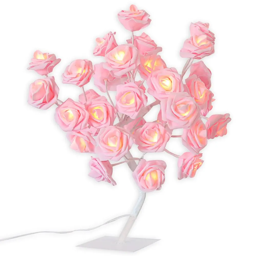 24 LED Pink Rose Flower Table Lamp Home Decoration Rose Tree Light Night Lamps for Christmas Party Wedding Living Room Decor