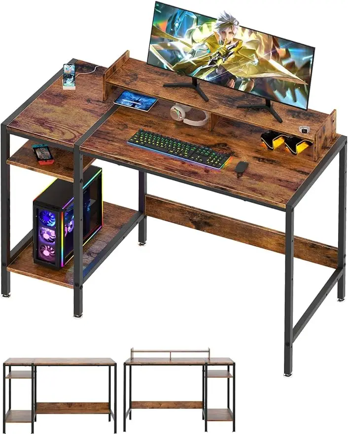 Computer Desk - 39” Gaming Desk, Home Office Desk with Storage, Small Desk with Monitor Stand, Rustic Writing  for 2