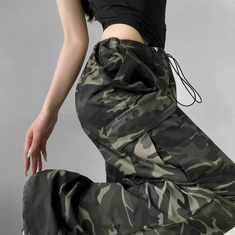 Pantalones vaqueros de pierna ancha con cordón para niña, pantalones vaqueros de camuflaje de calle alta para mujer, pantalones Cargo, pantalones vaqueros finos holgados para mujer 2025