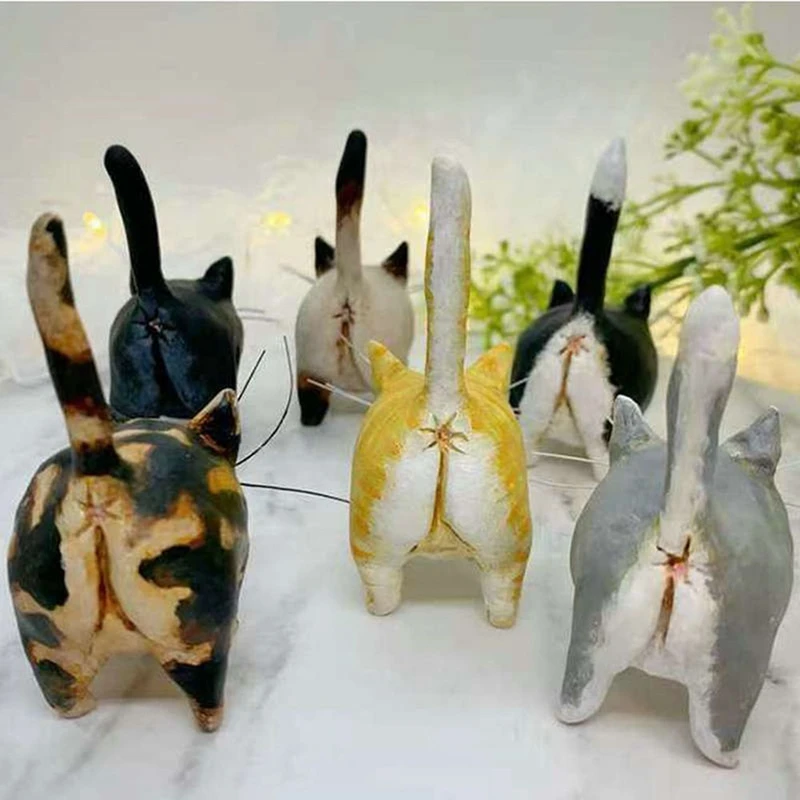 6PCS Tortoiseshell Cats Mini Miniature Tail Erect Cats Ornament Resin Christmas Ornament Home Decor