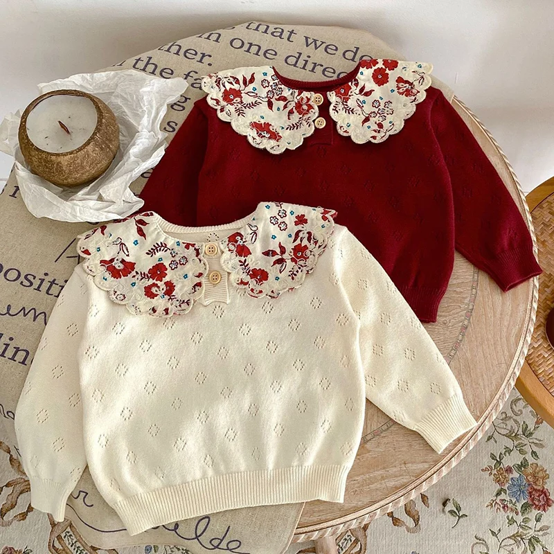 2024 nuovi vestiti per bambini autunnali neonate maglione a maniche lunghe Splicing Toddler Baby Girl Knitting Pullover top