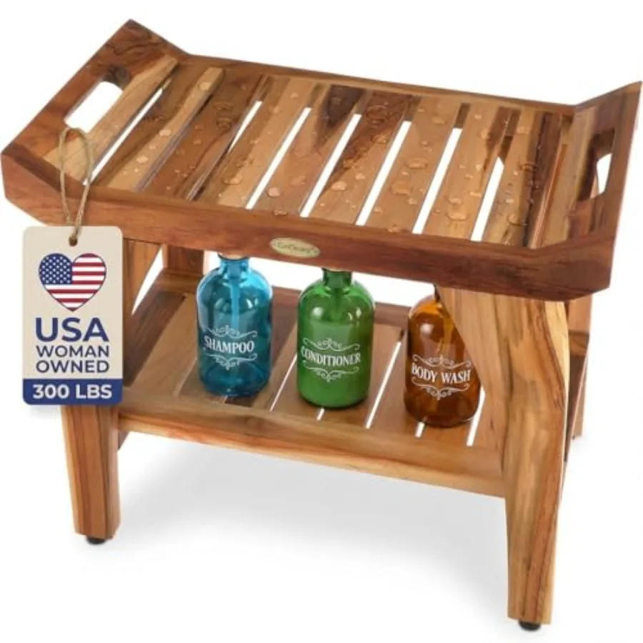 

EcoDecors 24 Inch Tranquility Natural Color Waterproof Teak Wood Shower Bench Stool Seat Chair For Inside Shower Storage Shelf