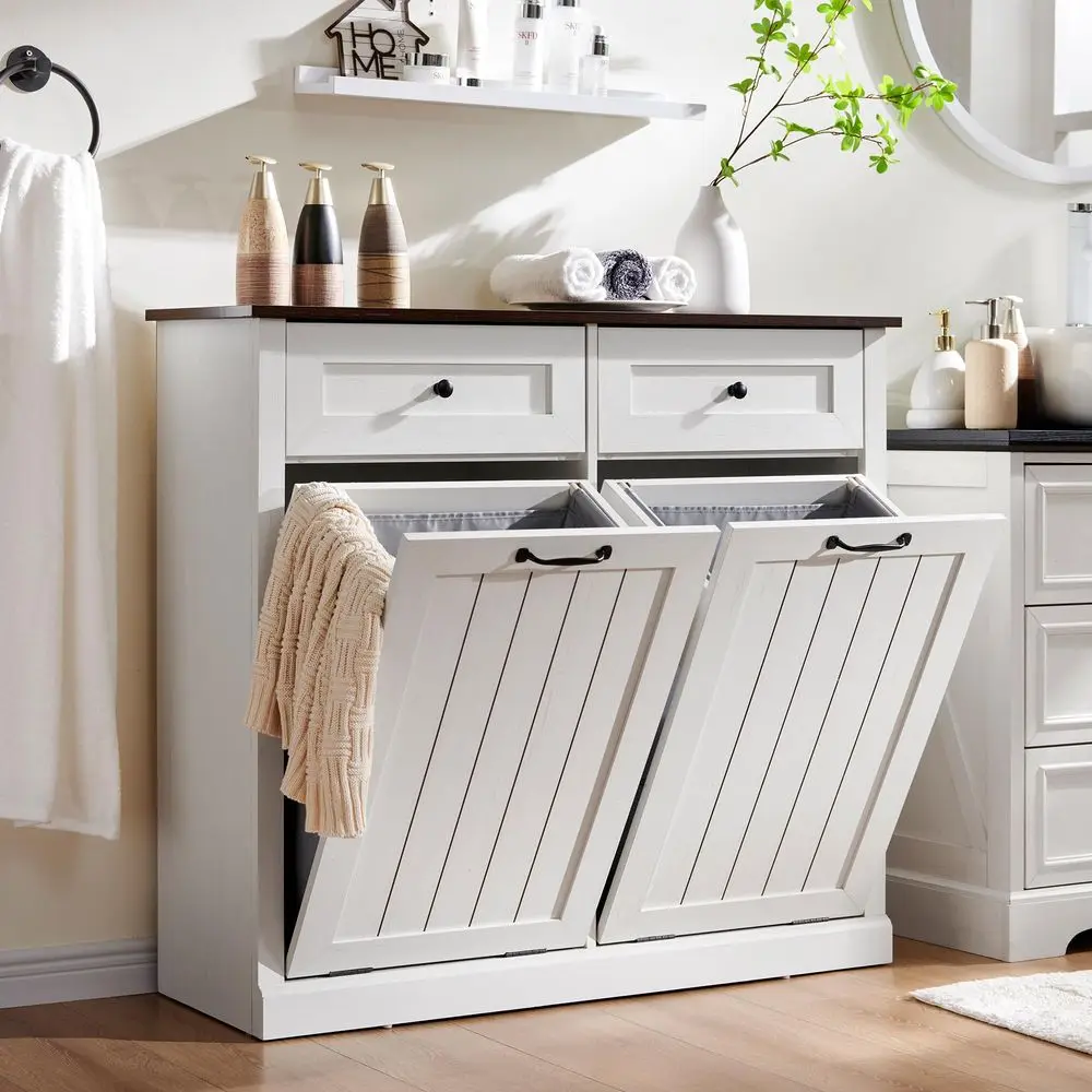 

Double Tilt Out Laundry Hamper Cabinet, 20 Gallon Farmhouse Trash Can Cabinet with Drawer, Hidden Wood Garbage Can Bin Cabinets