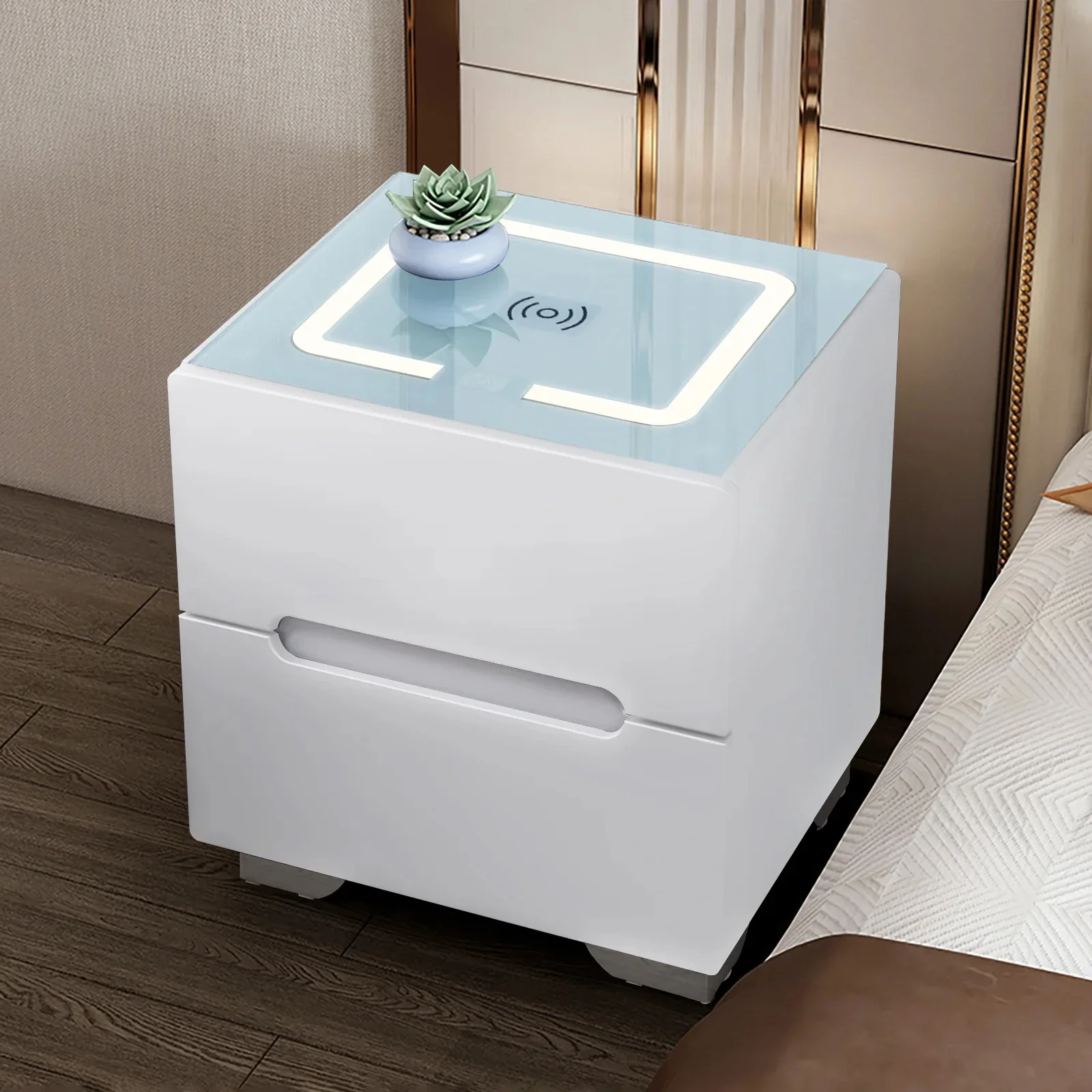 # White Glass Top Modern Smart LED Three Drawers Side Bedside Table Nightstand Bedroom Wireless USB Charging Charger Drawer Loc