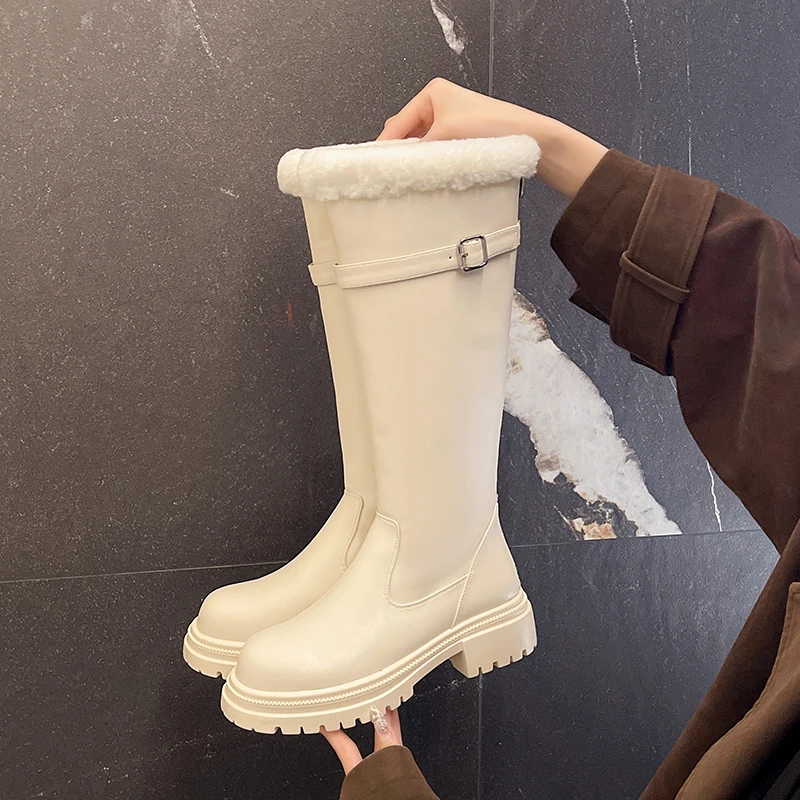 

High Boots Fashion Round Toe Zipper Platform Metal Buckle Anti-Slip Wear-Resistant Block Heel Boots