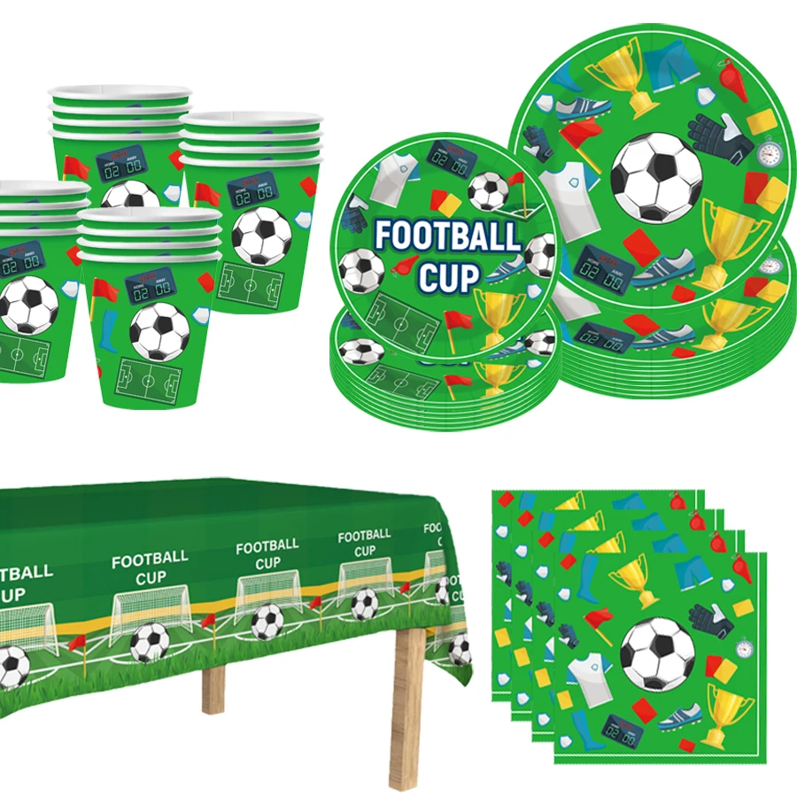 Décorations de fête de football Assiettes en papier Serviettes Gobelets Vaisselle Nappe Bannière Fournitures de fête d'anniversaire Récompenses pour enseignants
