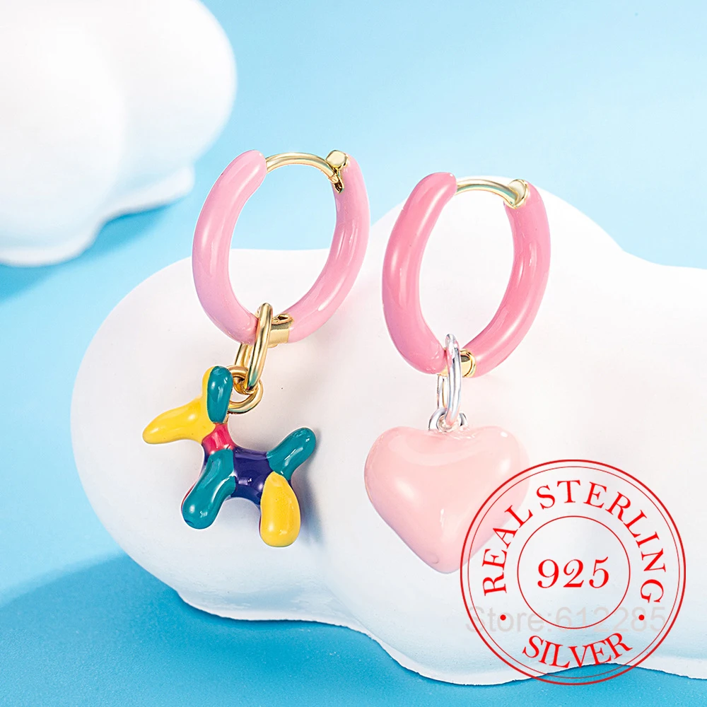 

925 Sterling Silver Jewelry Sweet Dopamine-colored Glazed Heart Balloon Dog Hoop Earrings for Women Wedding Party Jewelry Gift