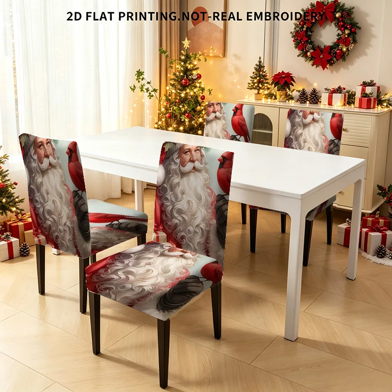 2/4/6 PCS Christmas Cardinal Santa painting elastic dining chair cover, 2D flat pattern Christmas holiday decoration